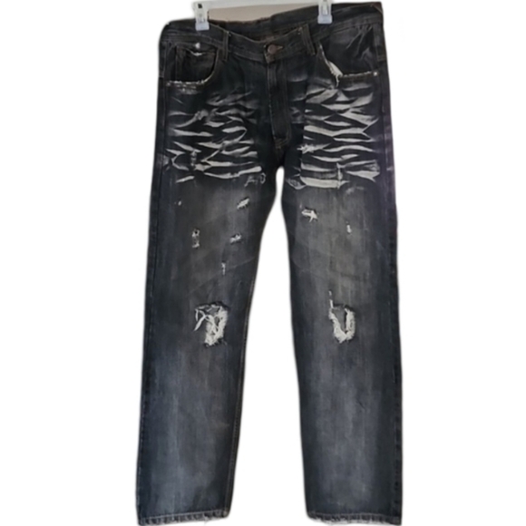 Jordan Craig Black Distressed‎ Baggy Straight Leg Denim Jeans Men's 38/32 - Picture 1 of 7
